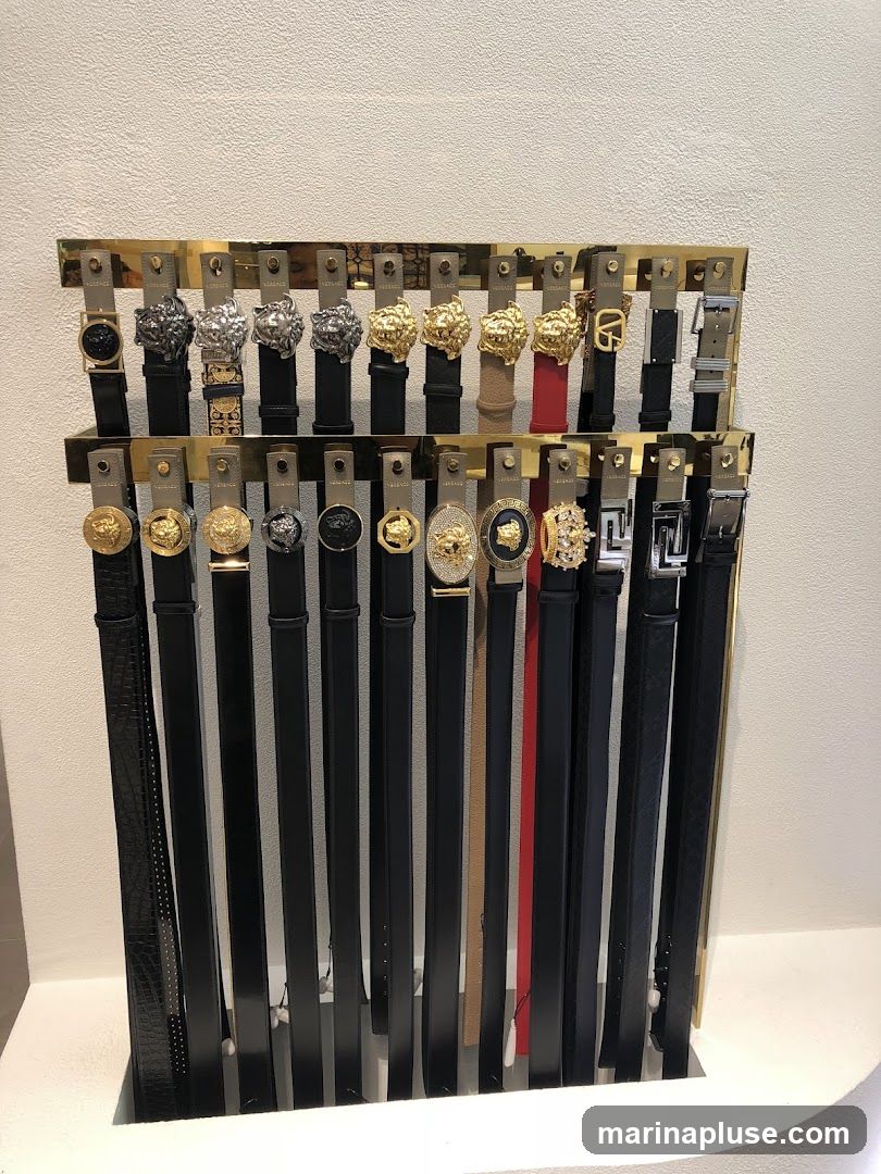 A display of various belts with ornate buckles, arranged on a gold rack. The belts are mostly black, with some in tan and red. The buckles feature designs such as lion heads, geometric patterns, and logos.