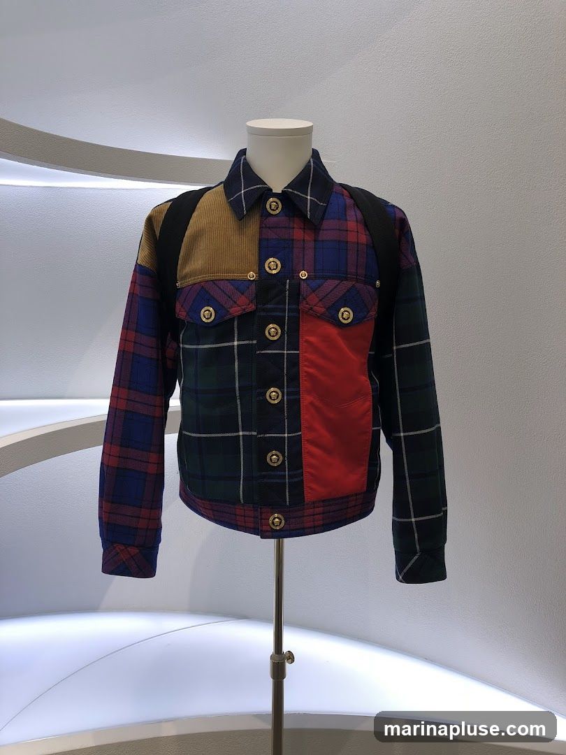 A multi-paneled jacket with a plaid pattern in various colors, including blue, red, green, and black, is displayed on a white mannequin. The jacket features contrasting fabric panels, including a tan corduroy section on the left shoulder and a red nylon patch on the right chest. Gold-toned buttons with a Medusa head emblem are visible down the front and on the chest pockets. The jacket is presented in a well-lit, modern retail environment with curved white shelving in the background.