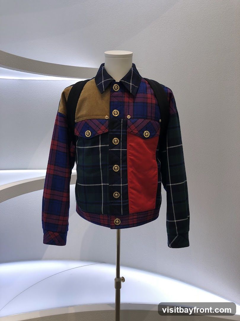 A multi-paneled jacket with a plaid pattern in various colors, including blue, red, green, and black, is displayed on a white mannequin. The jacket features contrasting fabric panels, including a tan corduroy section on the left shoulder and a red nylon patch on the right chest. Gold-toned buttons with a Medusa head emblem are visible down the front and on the chest pockets. The jacket is presented in a well-lit, modern retail environment with curved white shelving in the background.