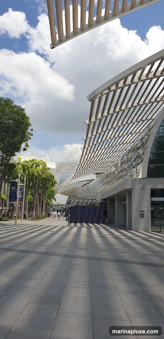 A wide shot of a modern building with a distinctive slatted roof structure, casting long shadows on a paved walkway. Palm trees line the left side of the walkway, leading towards the building's entrance. Several people are walking along the path. The sky is blue with scattered white clouds.