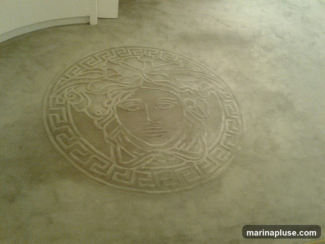 A circular rug with the iconic Versace Medusa head logo embossed in the center. The rug is a light beige color and is placed on a similar colored floor. The background shows a curved white wall or partition.