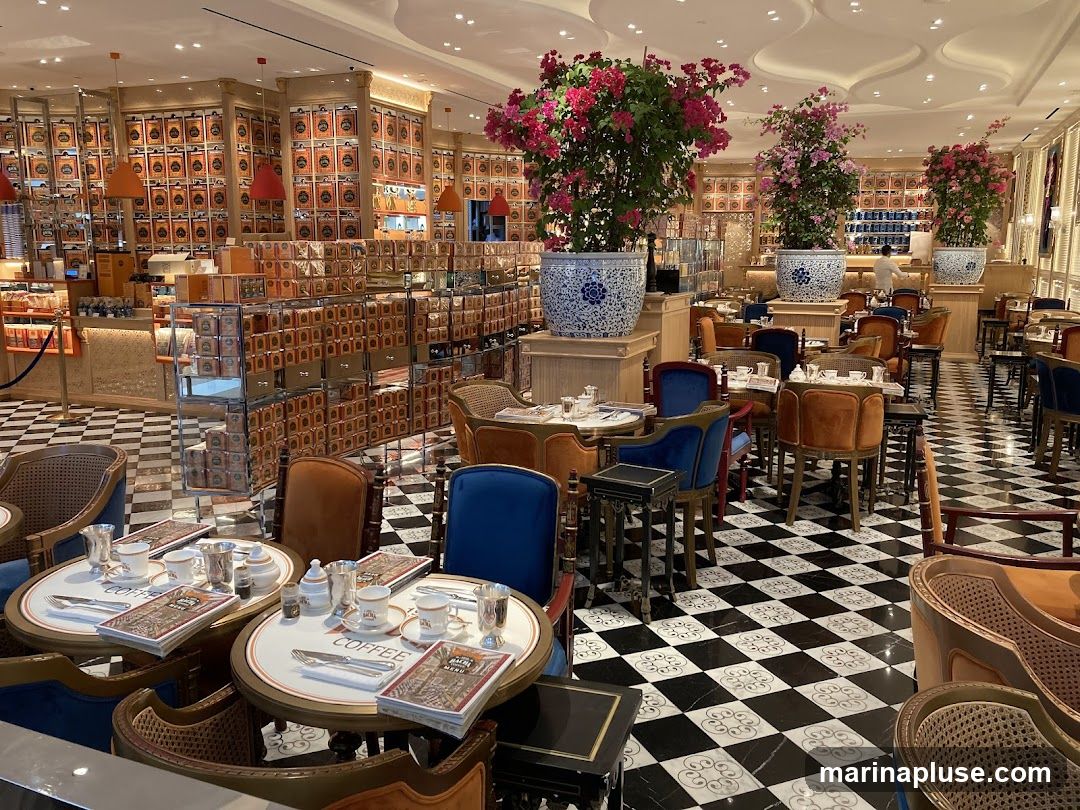 The interior of a cafe with a black and white checkered floor. Tables are set with teacups and saucers, and menus are visible on some tables. The walls are lined with shelves displaying numerous boxes, possibly of tea or coffee. Large potted plants with pink flowers add a decorative touch. The seating includes upholstered chairs in various colors like blue and orange, as well as wicker chairs.