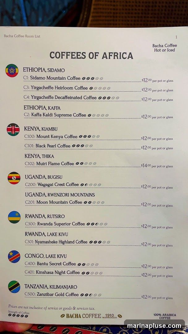 A list of coffees from various African countries, with descriptions and prices.