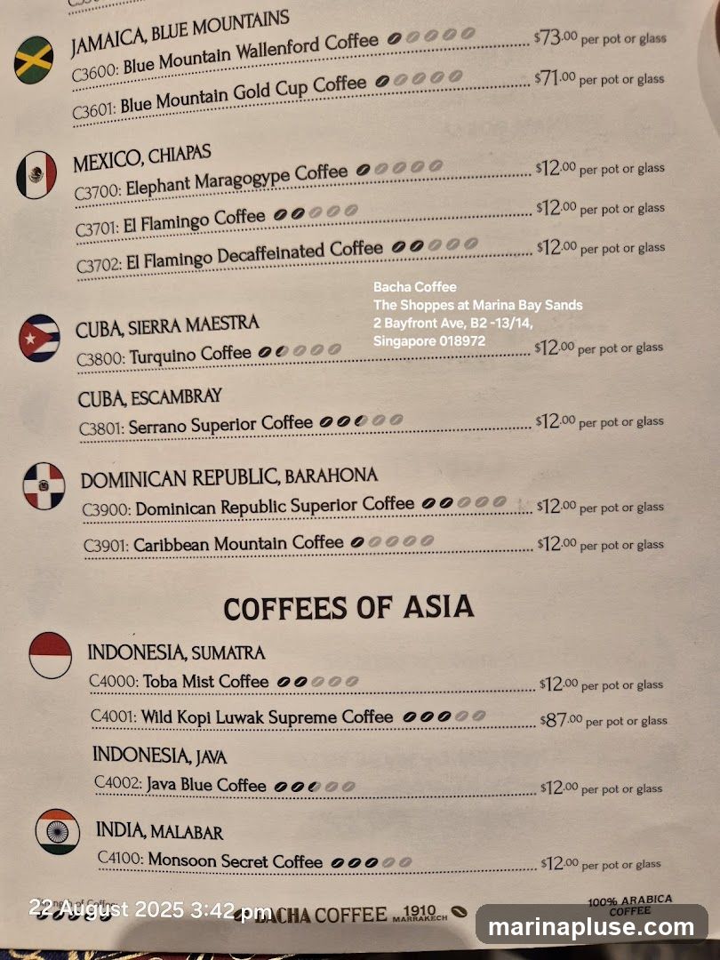 A menu listing various coffees from different regions, with prices per pot or glass.