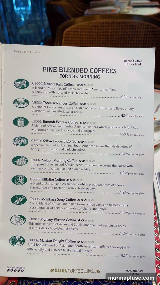 Bacha Coffee Room List. Hot or Iced. Strength of Coffee: 00000. Bacha Coffee 1910 Marrakech. 100% Arabica Coffee.