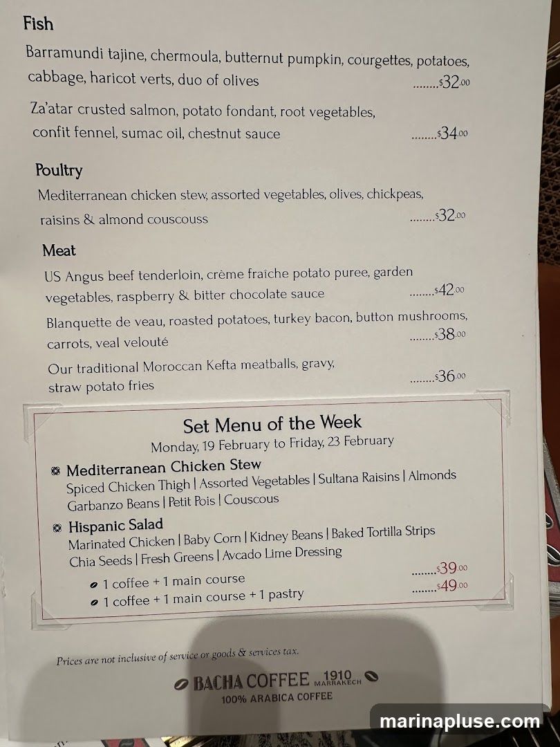 A menu with sections for Fish, Poultry, and Meat, followed by a Set Menu of the Week. The Set Menu includes Mediterranean Chicken Stew and Hispanic Salad with options for coffee and pastry.