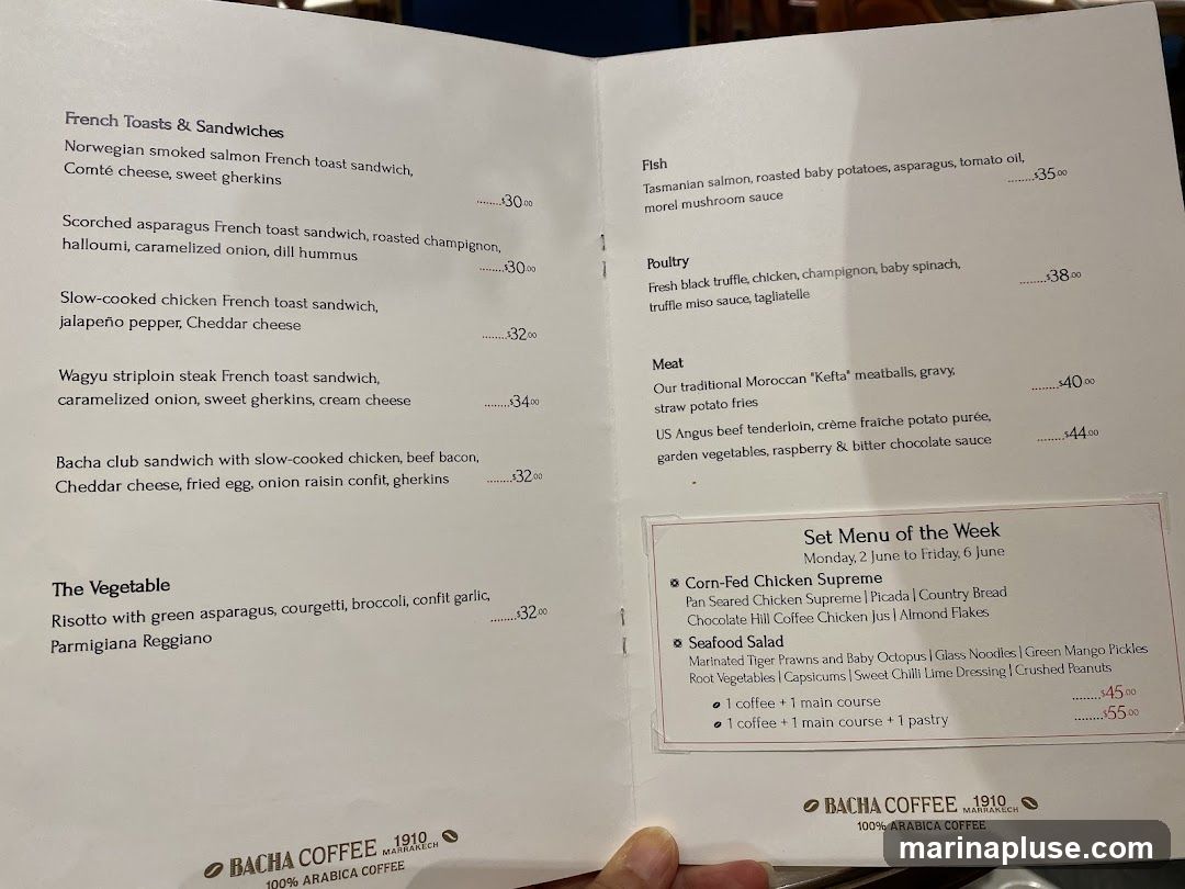 Menu featuring French Toasts & Sandwiches, Fish, Poultry, Meat, The Vegetable, and Set Menu of the Week.