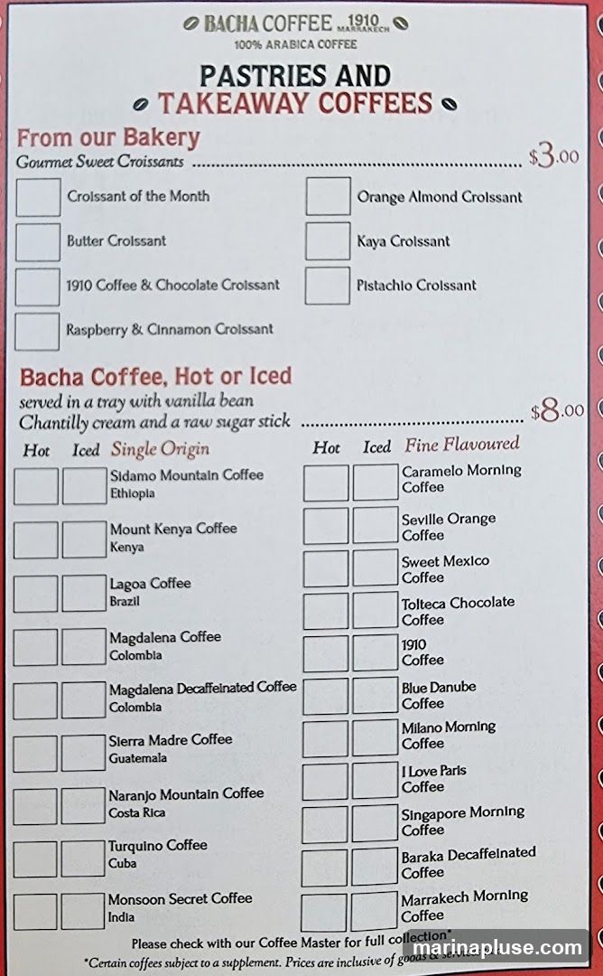 Menu for Bacha Coffee featuring pastries and hot or iced coffees.