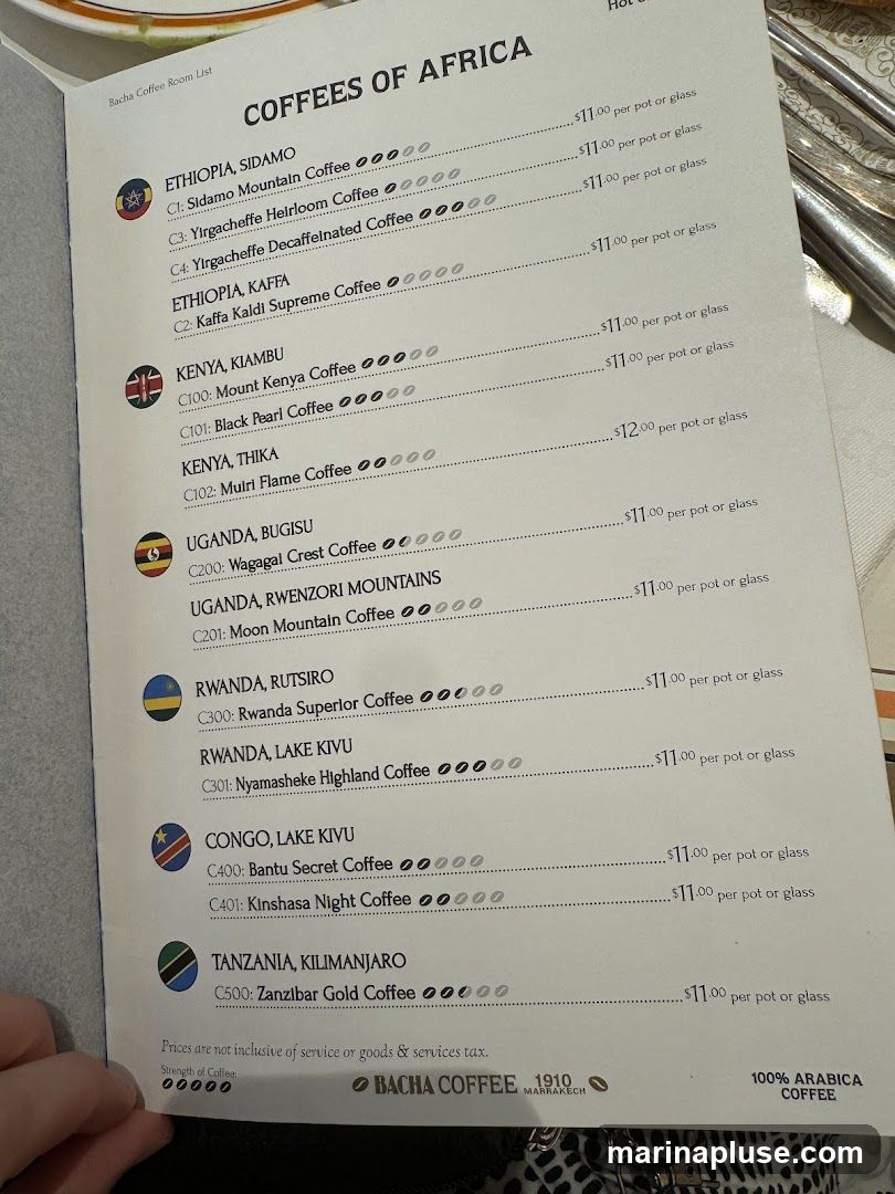 A list of coffees from various African countries, with their names, codes, and prices per pot or glass.