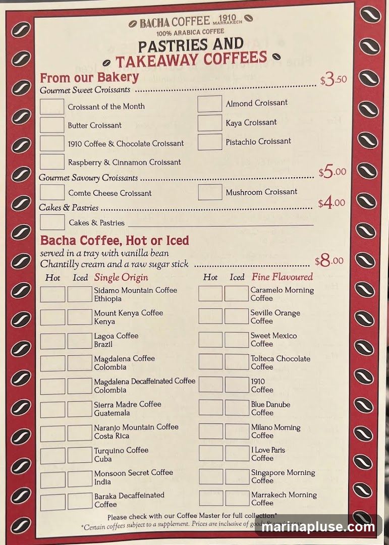 Menu for Bacha Coffee featuring pastries and takeaway coffees.