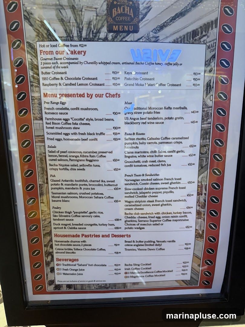Menu featuring hot or iced coffee, bakery items, chef's specials, meat dishes, pasta & risotto, French toasts & sandwiches, housemade pastries, desserts, and beverages.
