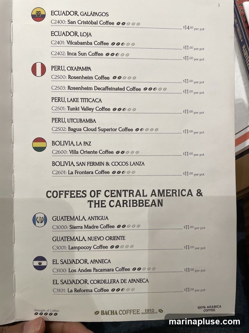 A menu listing coffees from Ecuador, Peru, Bolivia, Guatemala, and El Salvador, with their respective codes, names, and prices per pot.