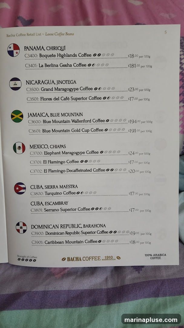 A list of loose coffee beans from various regions with their prices.