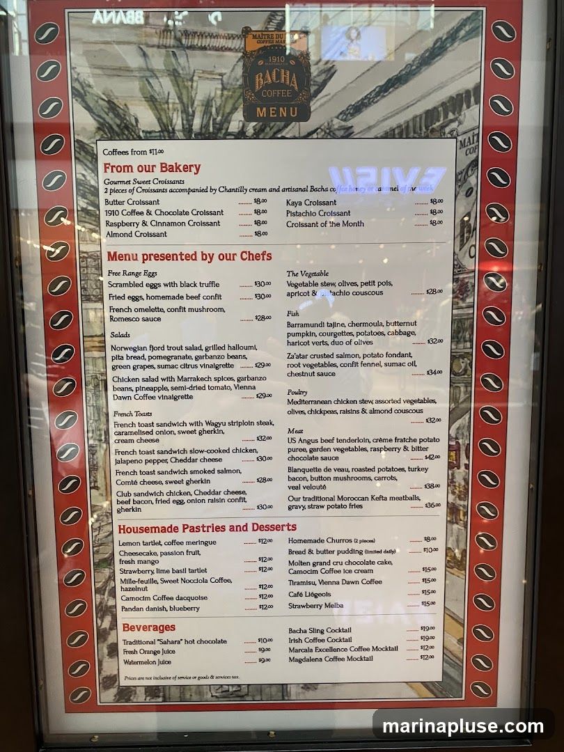 A menu from Bacha Coffee featuring bakery items, chef's specials, pastries, desserts, and beverages.