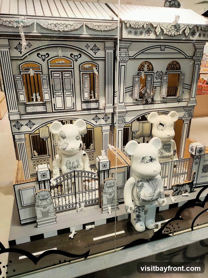 A display featuring large Bearbrick figures in front of a diorama of traditional shophouses. The shophouses are illustrated in a black and white, cartoon-like style, with open windows and shutters. Several smaller cat figures and other decorative elements are placed around the display. The Bearbrick figures are white with intricate black line drawings covering their bodies, including floral patterns and cartoon scenes. The display appears to be in a store window or exhibition space.