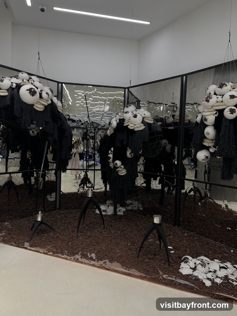 An indoor art installation featuring several large, abstract sculptures. The sculptures are dark and fuzzy at the bottom, with white, bulbous elements at the top, some of which have dark brown markings. They are suspended from the ceiling and appear to be arranged in a circular or semi-circular display. The background consists of mirrored panels that reflect the sculptures and the surrounding environment, including lighting fixtures and what appear to be people in the distance. The floor is covered in dark, gravel-like material with some white, broken pieces scattered around the base of the sculptures.