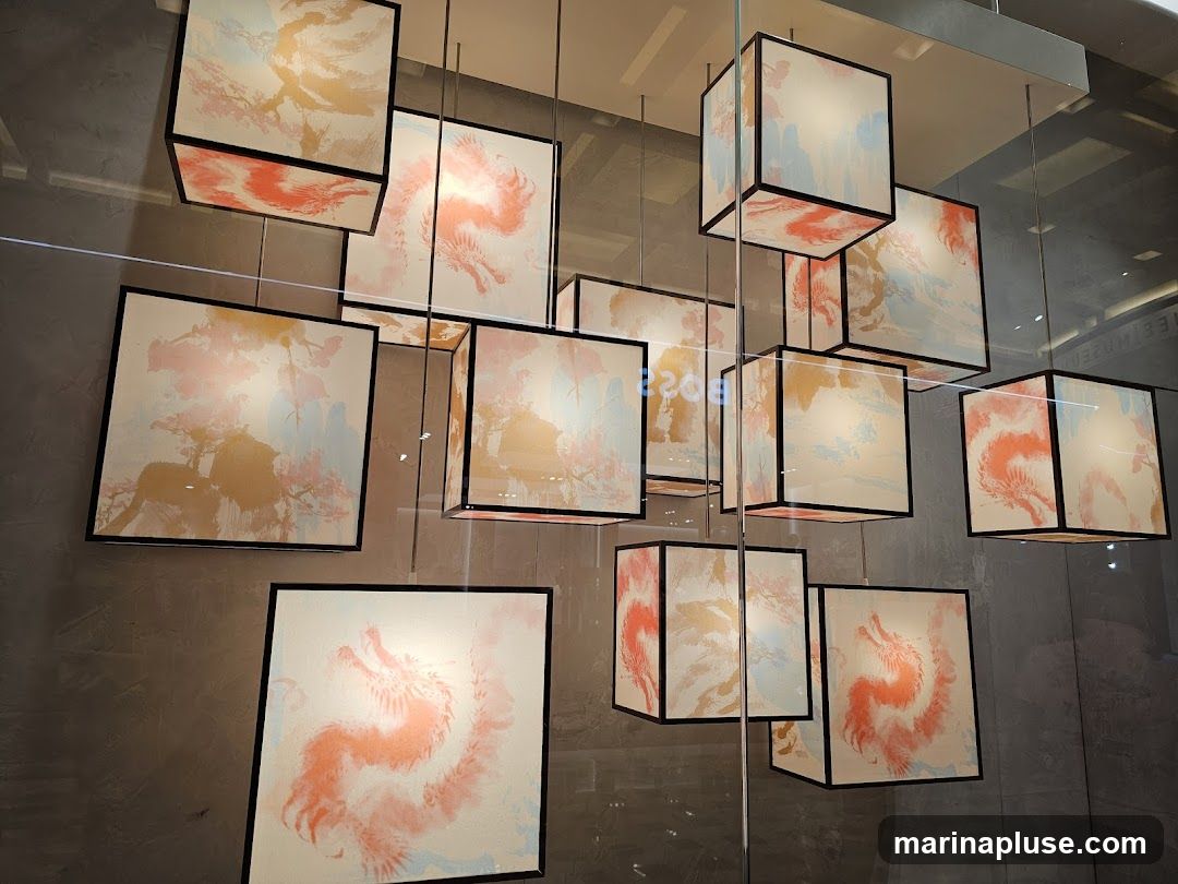 A collection of square, hanging lamps with black frames are displayed. Each lamp is illuminated from within and features artwork with a watercolor aesthetic. The artwork depicts abstract designs and stylized figures in shades of orange, pink, blue, and gold. The lamps are suspended at varying heights, creating a dynamic visual arrangement. The background appears to be a reflective surface, possibly a window or glass partition, showing a hint of text that reads "BOSSE MUSEUM" and a grey textured wall.