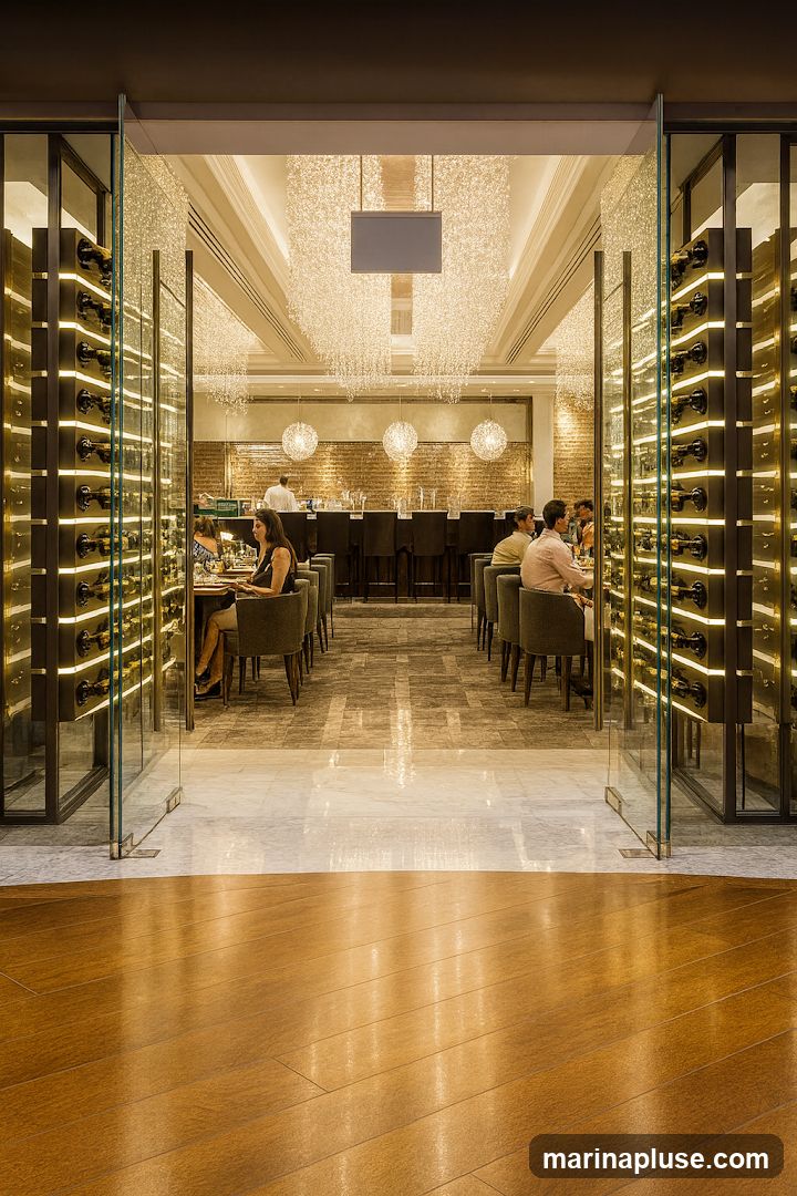 The image shows the interior of a sophisticated restaurant, viewed from an entrance area with polished wooden floors. Large glass panels flank the entrance, revealing illuminated wine racks filled with bottles on either side. Inside, diners are seated at tables in a well-lit dining room. The ceiling features elaborate crystal chandeliers, and a bar area with brick accents is visible in the background. A server is seen behind the bar.