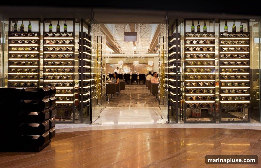 The image shows the entrance to a restaurant with large glass doors. Flanking the entrance are tall, illuminated wine racks filled with bottles. Inside, diners are seated at tables, and a chandelier hangs from the ceiling. The flooring is polished wood and marble.