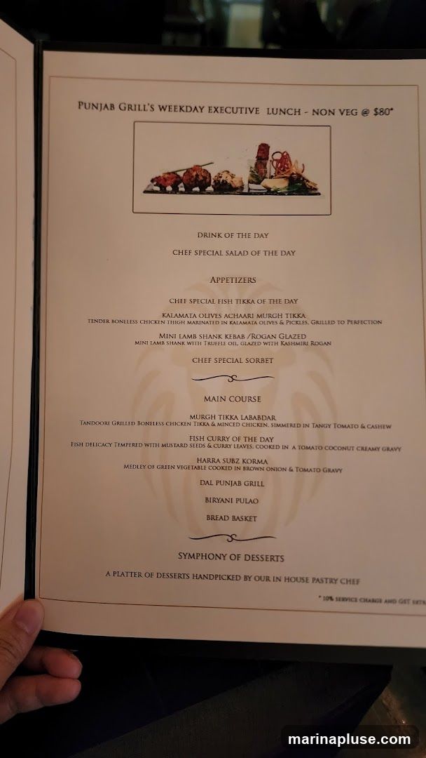 A menu for Punjab Grill's weekday executive lunch, featuring non-vegetarian options for $80.