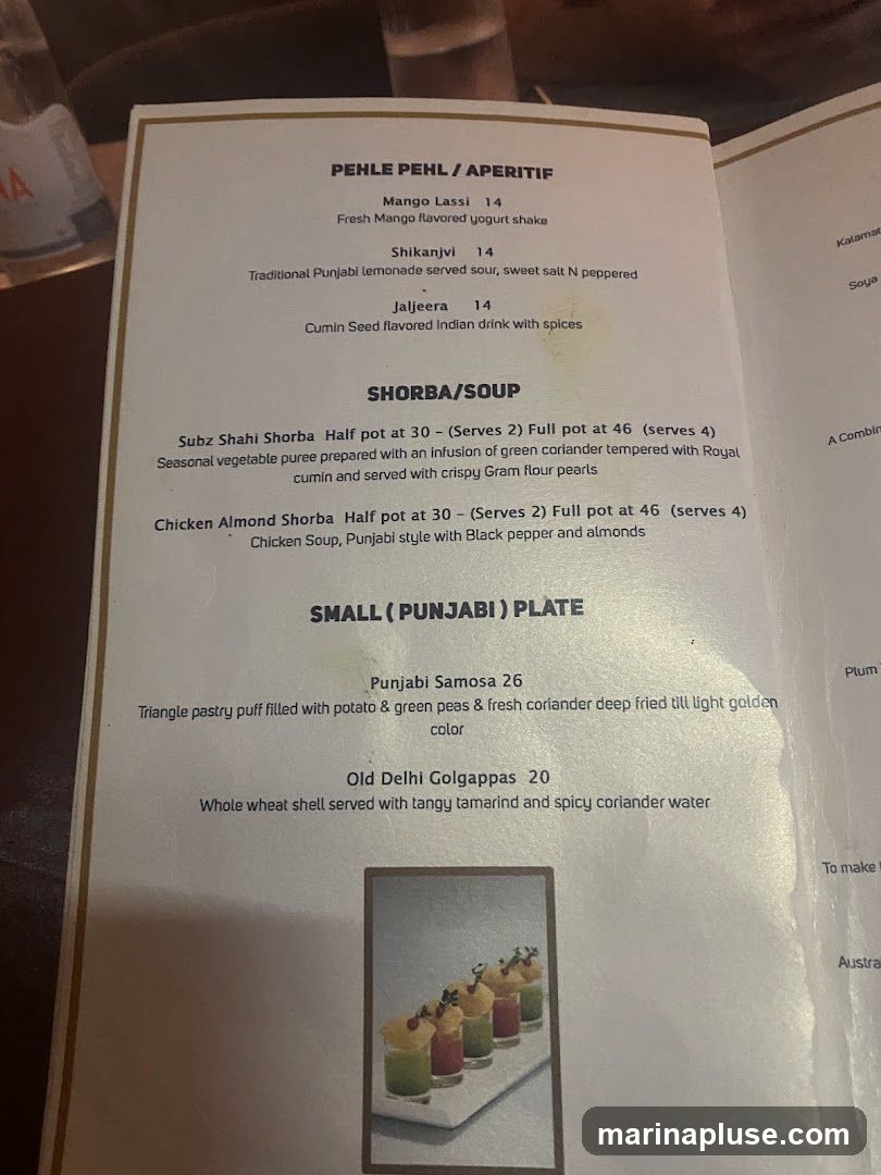 A menu with sections for aperitifs, soups, and small Punjabi plates.