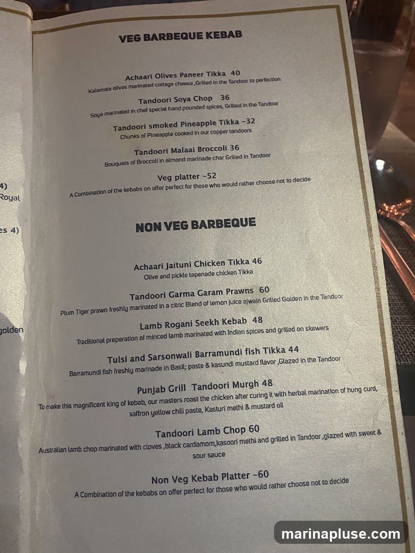 Menu featuring vegetarian and non-vegetarian barbeque kebabs.