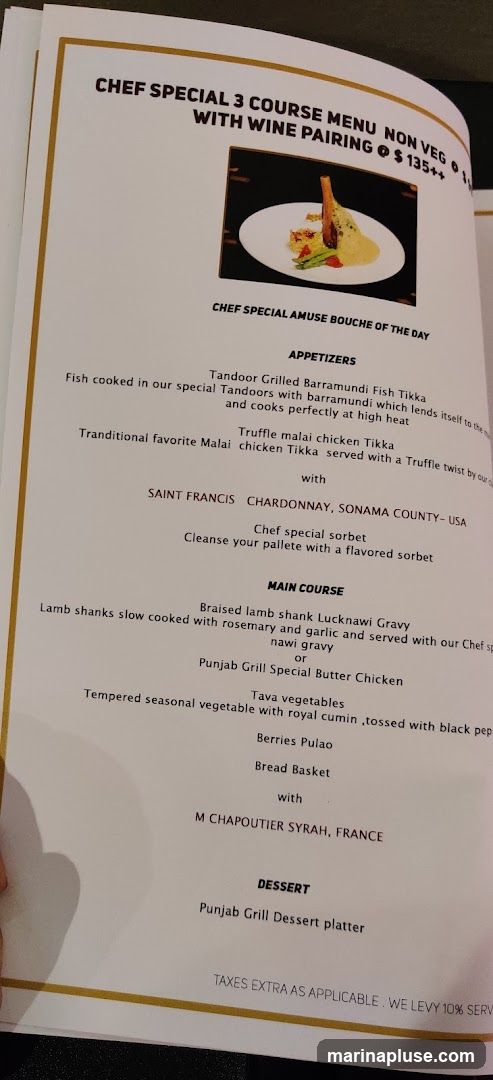 Non-Veg menu with wine pairing for $135++. Includes amuse bouche, appetizers, main course, and dessert.