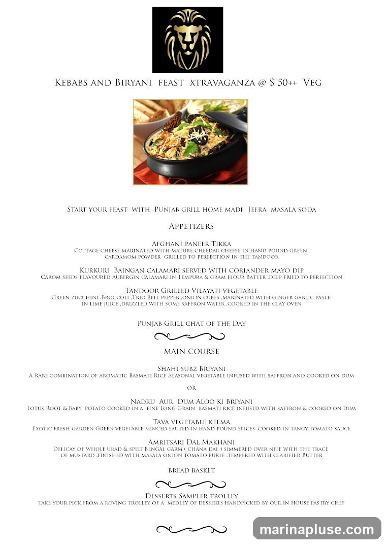 A feast menu featuring appetizers, main courses, bread, and desserts.