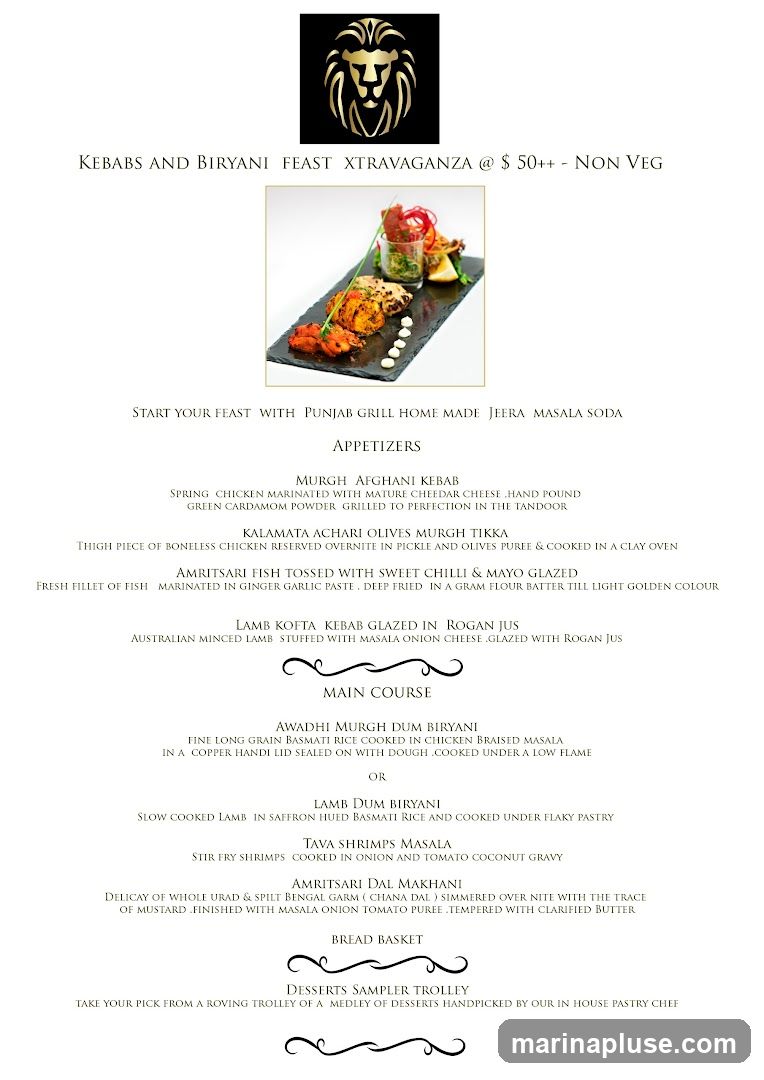 Non-veg feast menu with appetizers, main course, bread basket, and dessert trolley.