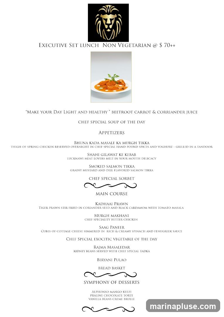 A menu for a non-vegetarian executive set lunch priced at $70++. It includes a selection of appetizers, main courses, and desserts.