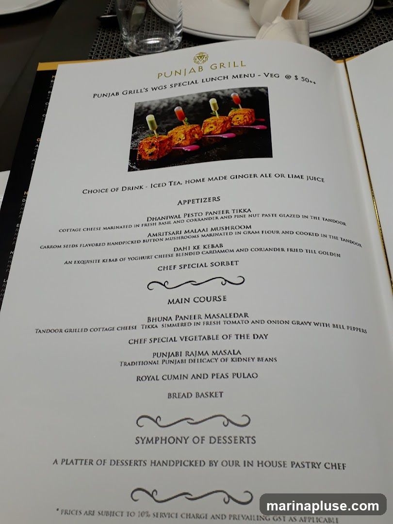 A special lunch menu from Punjab Grill featuring appetizers, main courses, and desserts.