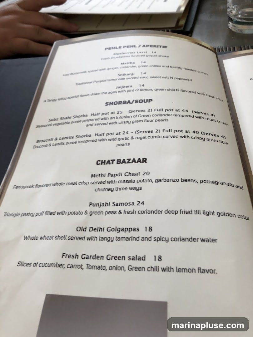 A menu with sections for aperitifs, soups, and chaat bazaar items.