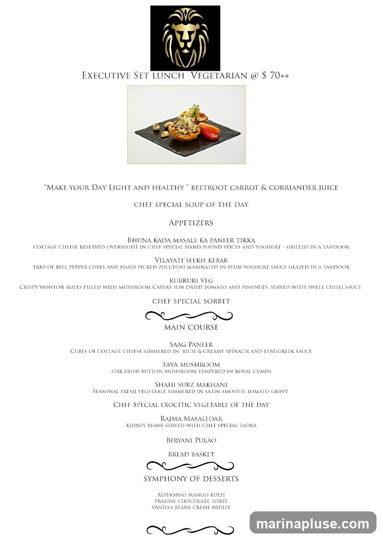 A vegetarian set lunch menu with appetizers, main course, and desserts.