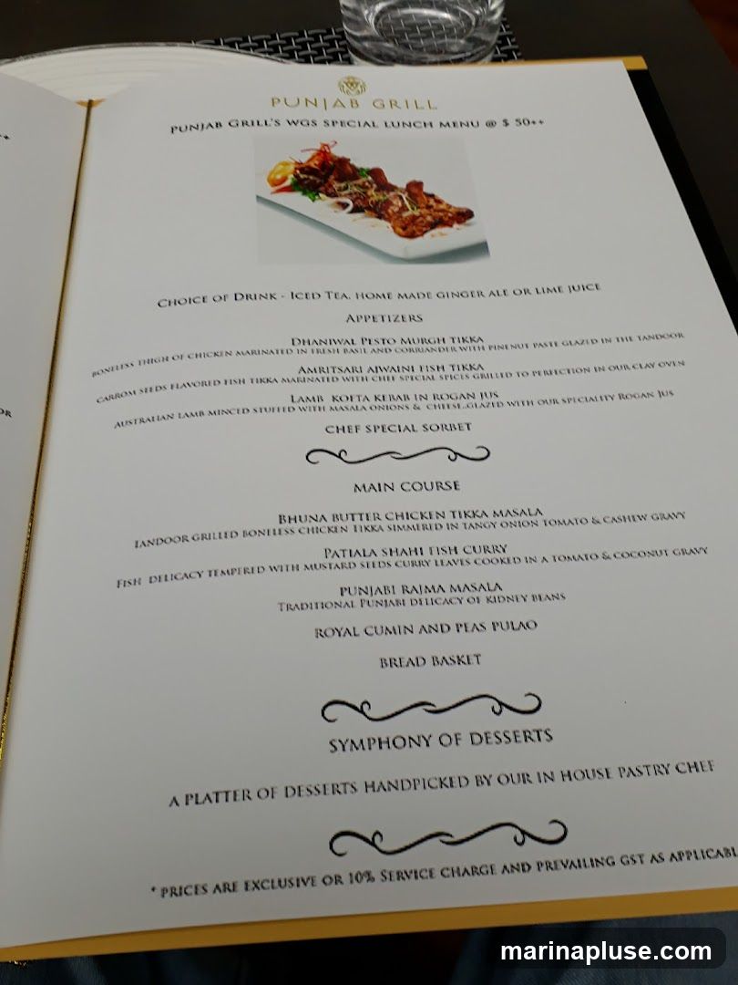 A special lunch menu from Punjab Grill with appetizers, main course, and desserts.