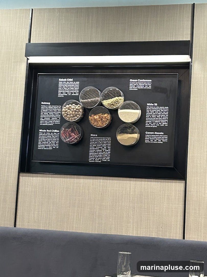 A framed display showcasing various spices in clear circular containers, with accompanying text describing each spice. The spices include Kebab Chini, Nutmeg, Whole Red Chillies, Mace, Green Cardamom, White Till, and Garam Masala. The display is mounted on a textured wall above a dark upholstered bench.