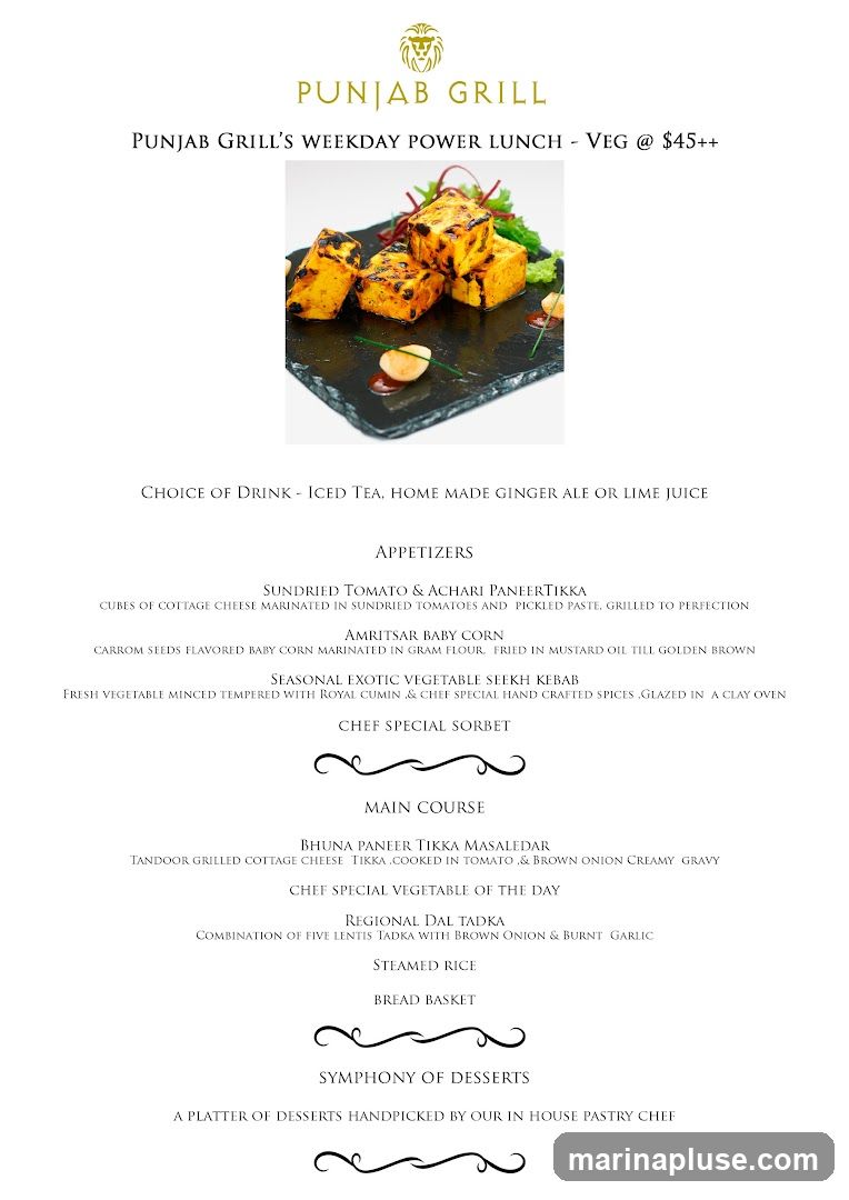 Vegetarian lunch menu with appetizers, main course, and desserts.