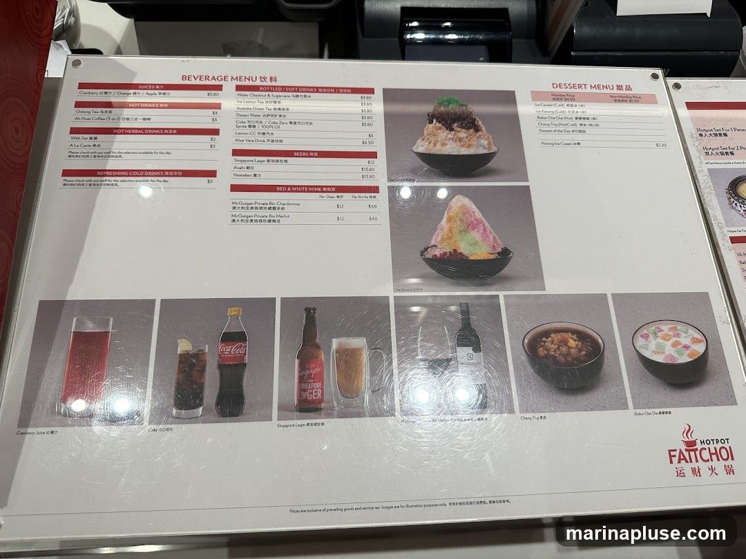 Menu featuring beverages and desserts with prices.