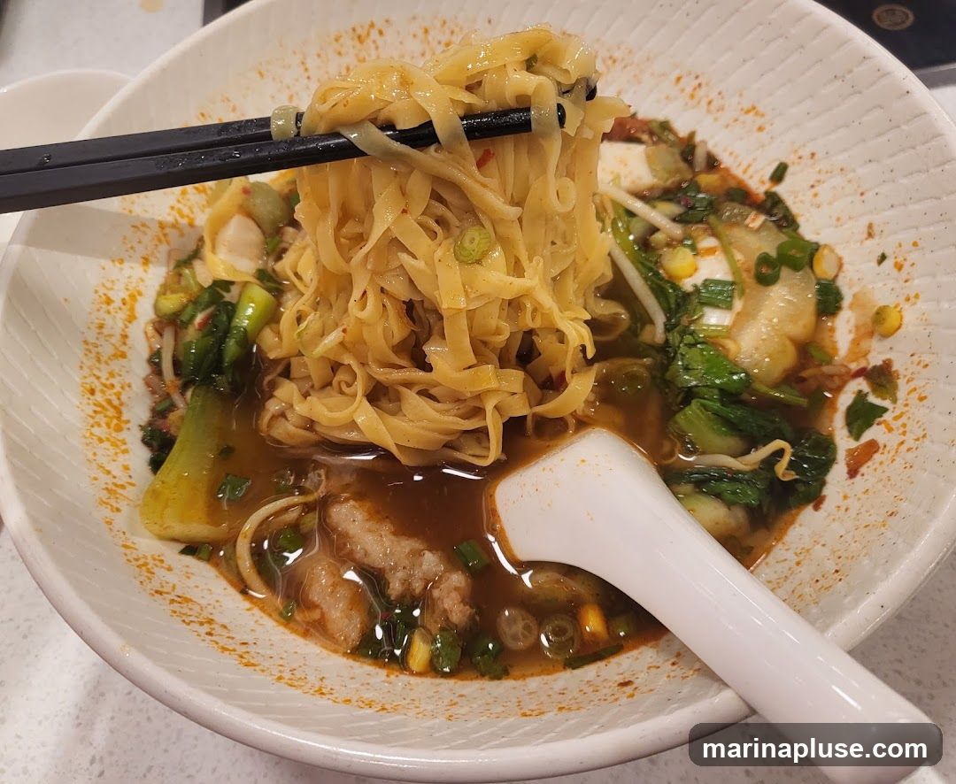 A close-up shot of a bowl of noodle soup. Noodles are being lifted with chopsticks. The soup contains bok choy, bean sprouts, and meat.