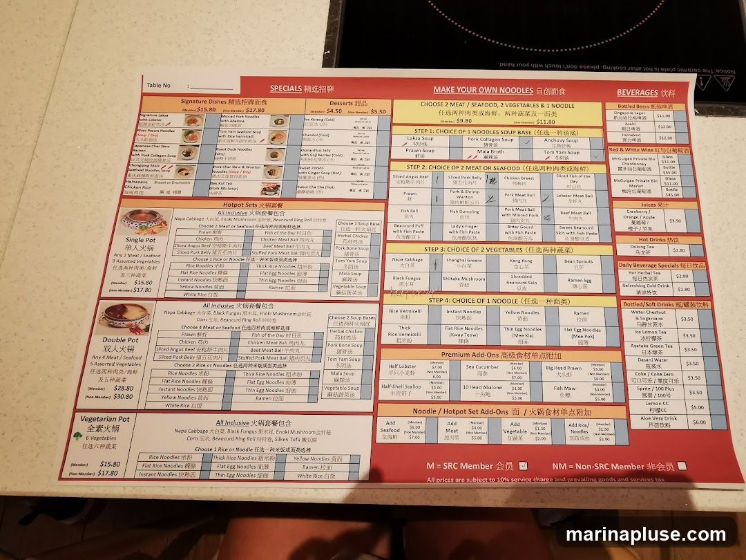 A menu with sections for Signature Dishes, Desserts, Make Your Own Noodles, Hotpot Sets, Double Pot, Vegetarian Pot, Premium Add-Ons, and Beverages.