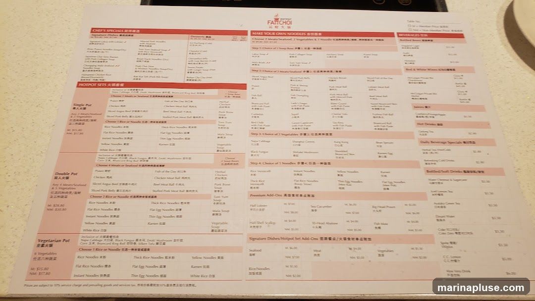Menu for FAITCHOI featuring hotpot sets, noodle options, and beverages.