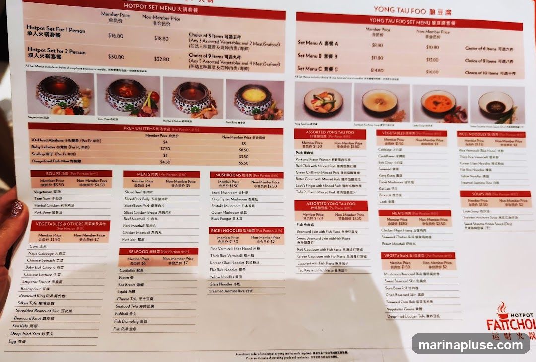 A menu with hotpot sets, Yong Tau Foo sets, and various individual items including premium items, soups, meats, mushrooms, vegetables, seafood, rice, and noodles.