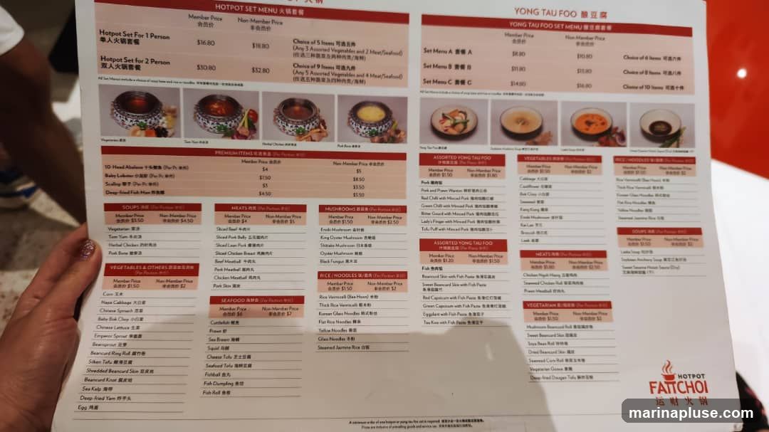 A menu with hotpot sets, Yong Tau Foo sets, premium items, soups, meats, mushrooms, vegetables, seafood, rice/noodles, and vegetarian options.