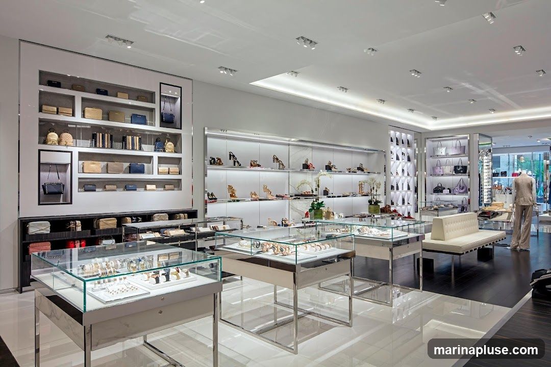 A well-lit, modern luxury retail store interior showcasing handbags, shoes, and accessories. The store features sleek display cases with glass tops, illuminated shelves filled with merchandise, and a minimalist aesthetic. In the background, a mannequin is dressed in a stylish suit, and a white tufted bench provides seating. The flooring is a mix of white and dark wood, creating a sophisticated ambiance.