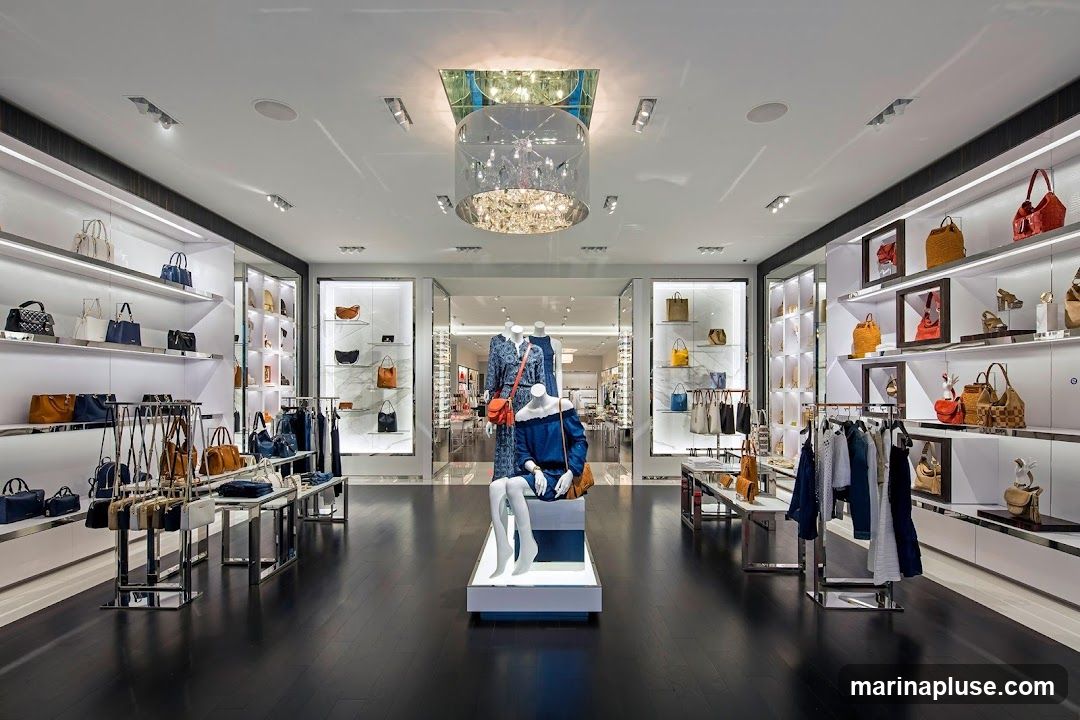 The interior of a high-end store displays a wide selection of handbags and accessories on illuminated shelves and racks. Mannequins are dressed in stylish outfits, showcasing the store's fashion offerings. The store features a modern and luxurious design with dark wood flooring and sleek white shelving.
