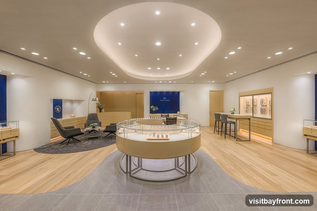 The interior of a modern and luxurious Grand Seiko watch store. The space features light wood flooring, white walls, and a large, oval-shaped ceiling with recessed lighting. In the center of the room is a circular display case showcasing watches. To the left, there is a seating area with modern armchairs and a small coffee table. To the right, a high counter with bar stools is positioned in front of a wall display of watches. A prominent blue wall with the Grand Seiko logo is visible in the background.