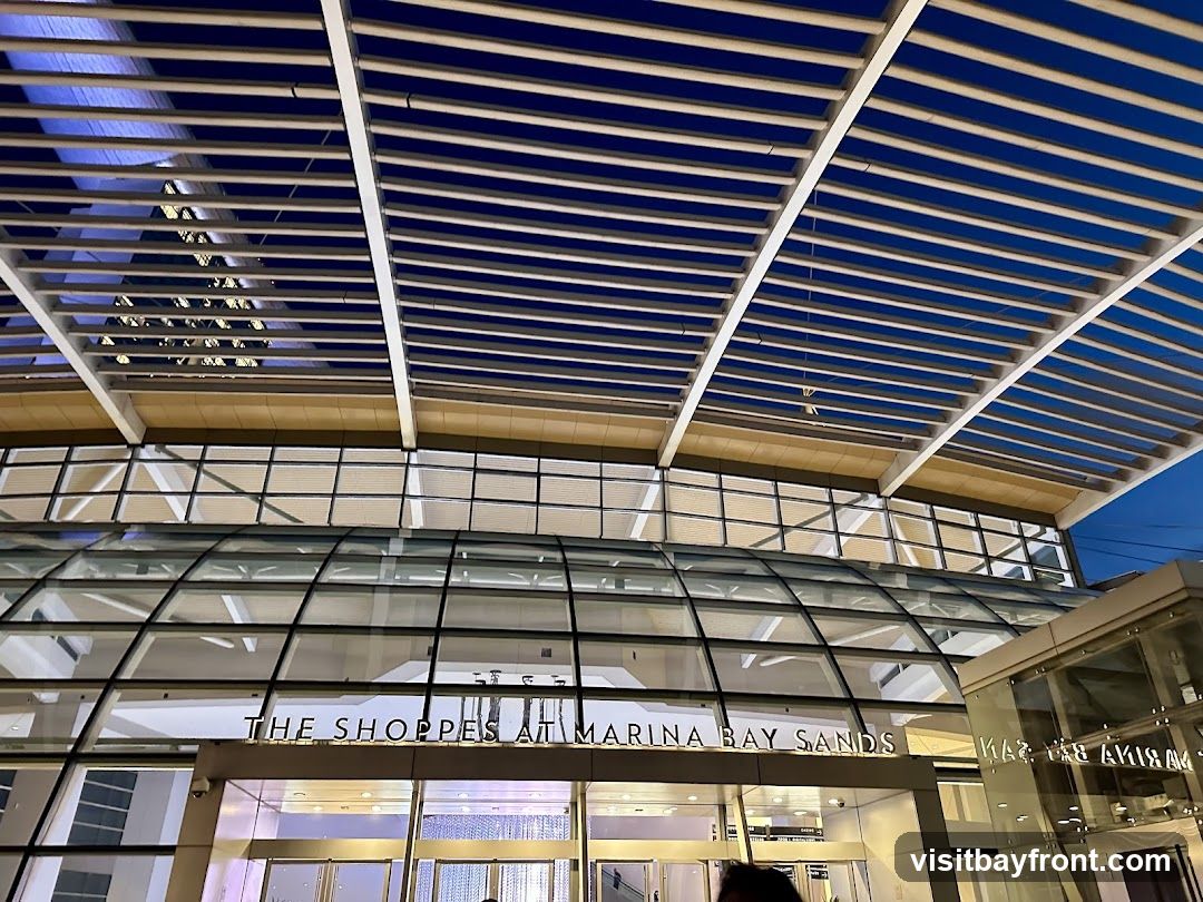 The exterior of a modern shopping mall entrance at night. The building features a large glass facade and a distinctive slatted roof structure. The words "THE SHOPPES AT MARINA BAY SANDS" are prominently displayed above the entrance.