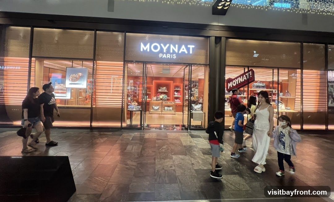 A well-lit storefront with the "MOYNAT PARIS" logo prominently displayed above the entrance. The interior of the store is visible through large glass windows, showcasing handbags and other luxury goods displayed on shelves and in cases. Several people are walking past the store.