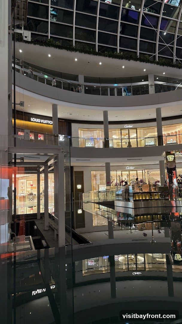 The image shows the interior of a multi-level shopping mall with a large atrium. Several high-end stores are visible, including Louis Vuitton and Cartier, with their prominent signage. The architecture features curved balconies, glass railings, and a domed ceiling with a grid pattern. Reflections of the stores and mall structure are visible in a body of water at the bottom of the frame.