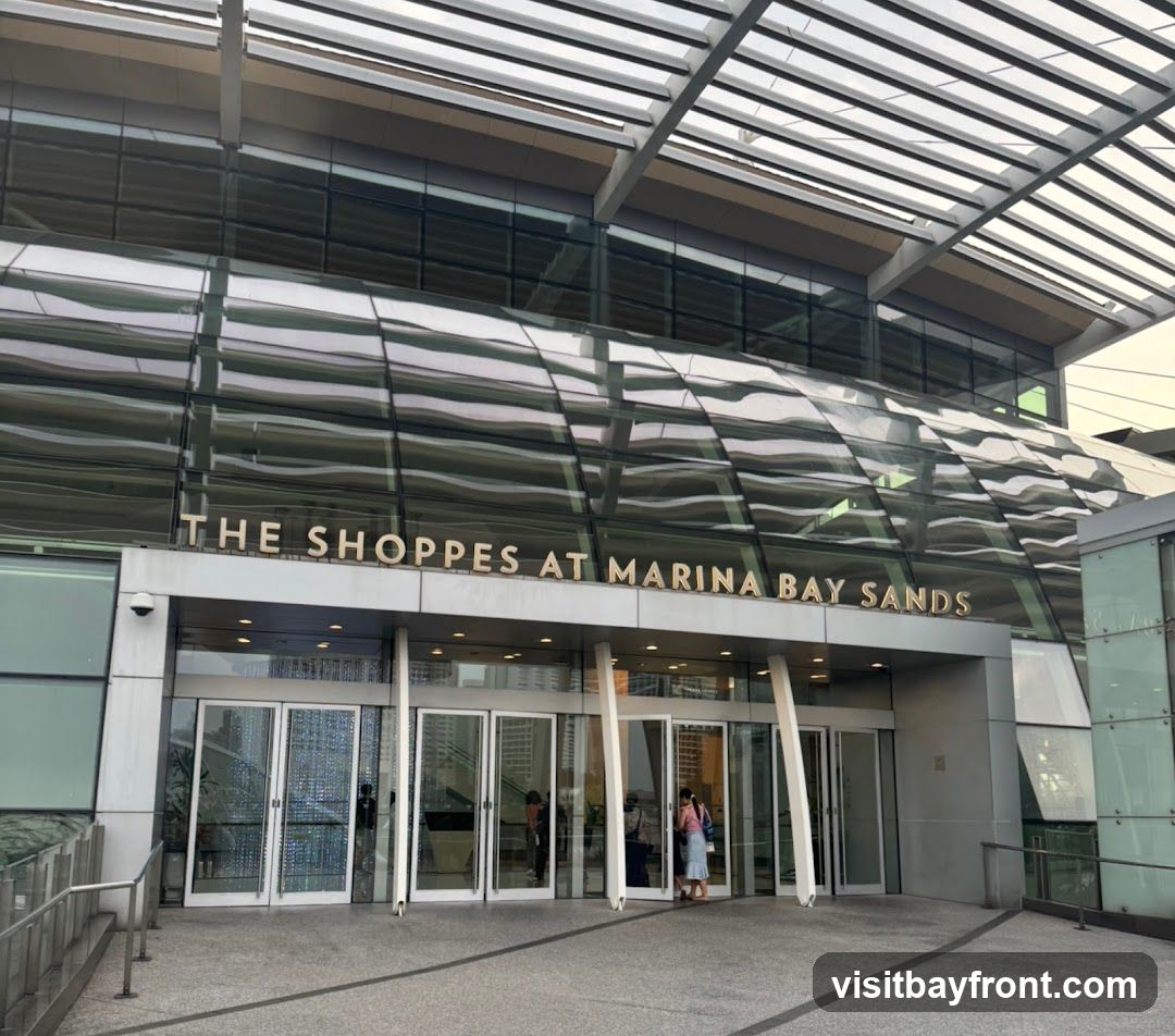 The exterior of a modern shopping mall with a glass facade. The words "THE SHOPPES AT MARINA BAY SANDS" are prominently displayed in gold lettering above the entrance. Multiple glass doors lead into the building, and people can be seen entering and exiting. The architecture features a distinctive wavy glass design and an overhead canopy structure.