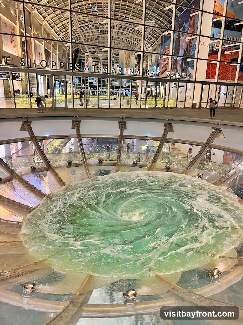 A view of the interior of The Shoppes at Marina Bay Sands, featuring a large, swirling water feature in the foreground. In the background, the mall's architecture is visible, with large glass windows and signage that reads "THE SHOPPES AT MARINA BAY SANDS". People can be seen walking around the mall.